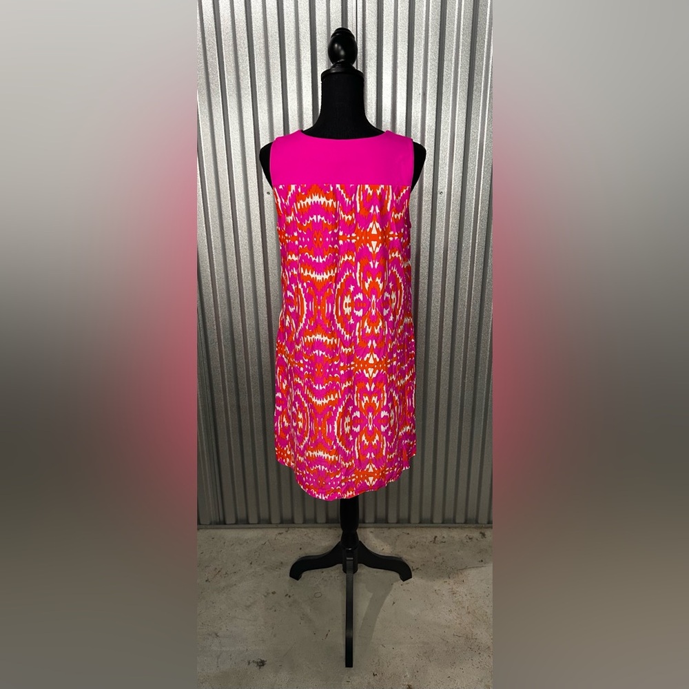 Women’s Jude Connally Pink Orange Geometric Sleeveless Midi Dress Designer Large - Picture 2 of 4